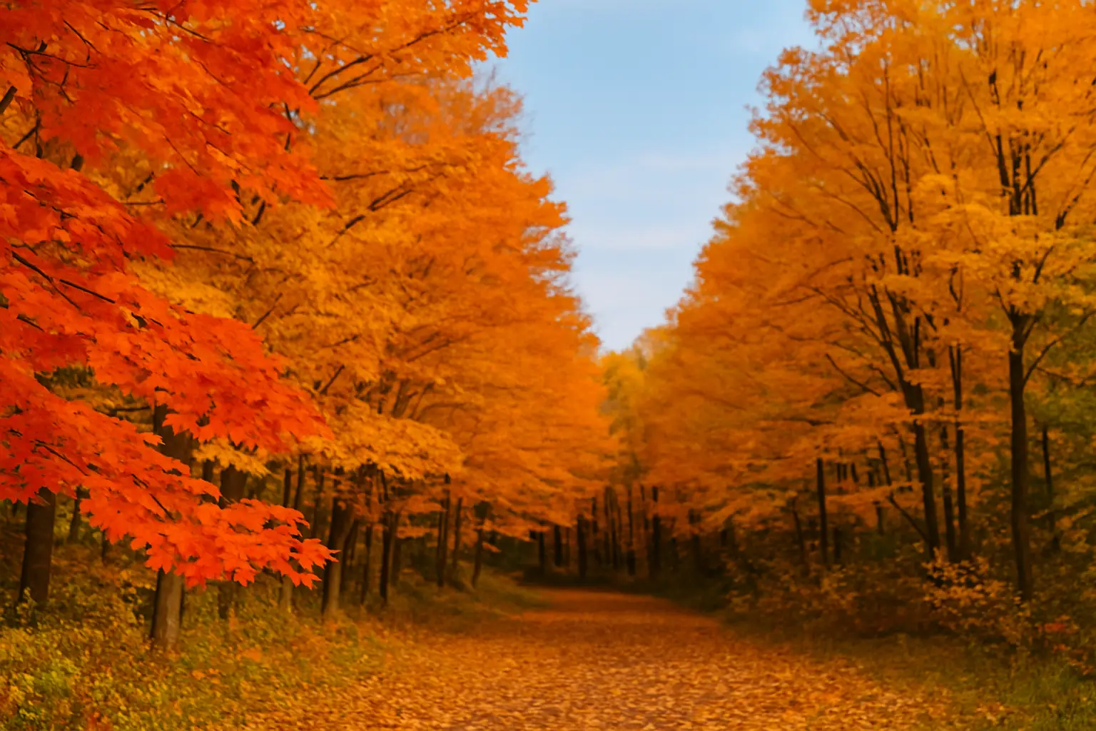 Sentier forestier au Québec en automne 2025 avec des érables rouges et orangés dans la région de la Mauricie.
